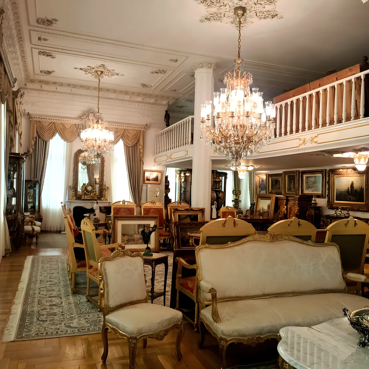 Yeniköy yalısında restore edilmiş tavan süslemeleri ve kristal avizeli salon